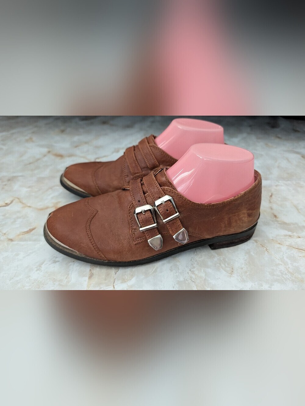 Gianni Bini Brown Double-Buckle Leather Upper Mules Sz 8 M
